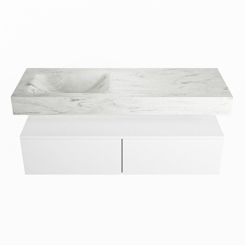 Mondiaz ALAN-DLUX Ensemble de meuble - 130cm - meuble Talc mat - 2 tiroirs - Lavabo Cloud Opalo suspendu - vasque Gauche - 0 trous de robinet SW806484