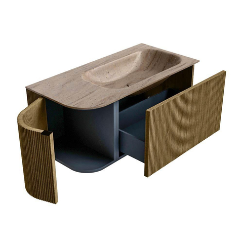 MONDIAZ KURVE-DLUX Meuble de salle de bains 95cm arrondi à gauche couleur Dusk avec 1 tiroir et 1 porte. Lavabo BIG SMALL à droite 1 trou de robinet Saba. SW1433326