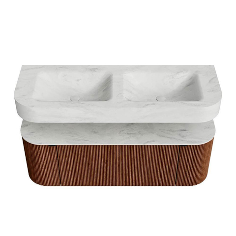 MONDIAZ THOR-DLUX 130cm meuble de salle de bains arrondi gauche + droite couleur Ruby avec 1 tiroir et 2 portes. Vasque suspendue CLOUD Double 2 trous de robinet couleur Opalo. SW1463707