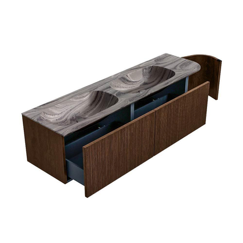MONDIAZ KURVE-DLUX 165cm badmeubel ronding Rechts kleur Walnut met 2 lades en 1 deur. Wastafel STOR SMALL Dubbel / Links 2 kraangaten Sombra. SW1433711