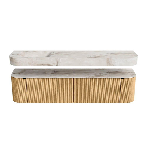 MONDIAZ THOR-DLUX 190cm meuble de salle de bains arrondi gauche + droite couleur Oak avec 2 tiroirs et 2 portes. Vasque suspendue CLOUD Gauche sans trou de robinet couleur Frappe. SW1466349