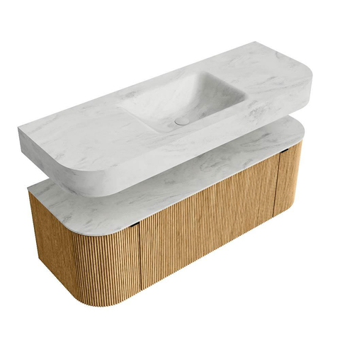 MONDIAZ THOR-DLUX 130cm meuble de salle de bains arrondi gauche + droite couleur Oak avec 1 tiroir et 2 portes. Vasque suspendue CLOUD Centre sans trou de robinet couleur Opalo. SW1463539