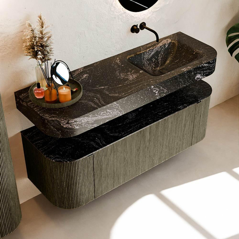 MONDIAZ THOR-DLUX 140cm meuble de salle de bains arrondi gauche + droite couleur Shadow avec 1 tiroir et 2 portes. Vasque suspendue CLOUD droite sans trou de robinet couleur Lava. SW1464146