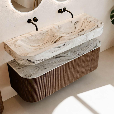 MONDIAZ THOR-DLUX 130cm meuble de salle de bains arrondi gauche + droite couleur Walnut avec 1 tiroir et 2 portes. Vasque suspendue CLOUD Double sans trou de robinet couleur Glace. SW1463593