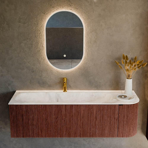 Mondiaz KURVE-DLUX Ensemble de meuble de salle de bains - 145x46x40cm - 1 tiroir - 1 porte - vasque solid surface - gauche - 1 trou de robinet - Ruby SW1415661