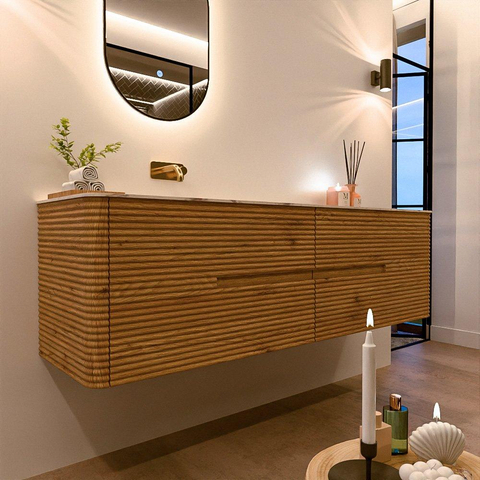Mondiaz CIRO-DLUX Ensemble de meubles de salle de bains - 170x45x50cm - Plan vasque solid surface Nata - 1 vasque à gauche - sans trous de robinetterie - 4 tiroirs - Chêne SW1531477