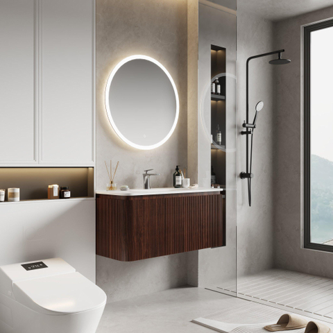 Royal Plaza Terra Edge Ensemble meuble de salle de bains - 100x44.7x46cm - vasque en solid surface blanc mat - 1 vasque - 1 trou de robinet - 2 tiroirs - châtaignier (noyer) SW1471913