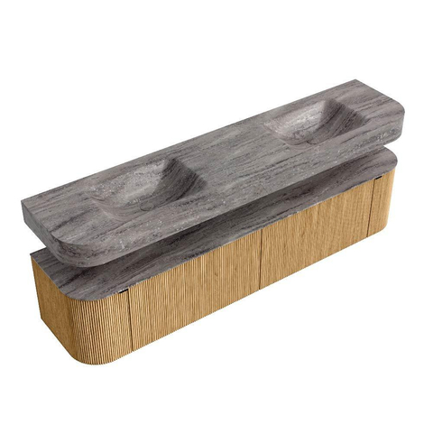 MONDIAZ THOR-DLUX 200cm meuble de salle de bains arrondi gauche + droite couleur Oak avec 2 tiroirs et 2 portes. Vasque suspendue CLOUD Double 2 trous de robinet couleur Oza. SW1467183