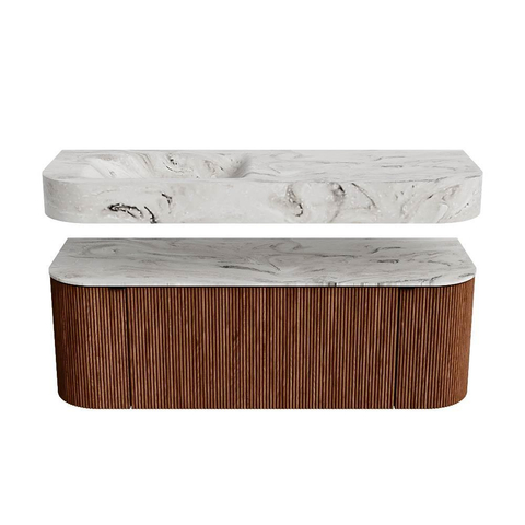 MONDIAZ THOR-DLUX 130cm meuble de salle de bains arrondi gauche + droite couleur Ruby avec 1 tiroir et 2 portes. Vasque suspendue CLOUD Gauche sans trou de robinet couleur Glace. SW1463706