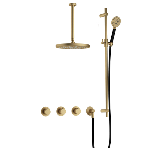 Hotbath Cobber IBS70 Regendoucheset - inbouw - 30cm plafondarm - 30cm ronde hoofddouche - 1 stand handdouche - glijstang - geborsteld messing goud SW677659