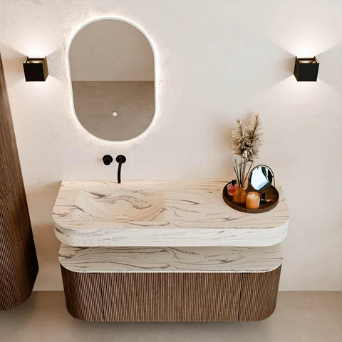 MONDIAZ THOR-DLUX 130cm meuble de salle de bains arrondi gauche + droite couleur Walnut avec 1 tiroir et 2 portes. Vasque suspendue CLOUD Gauche sans trou de robinet couleur Nata. SW1463865