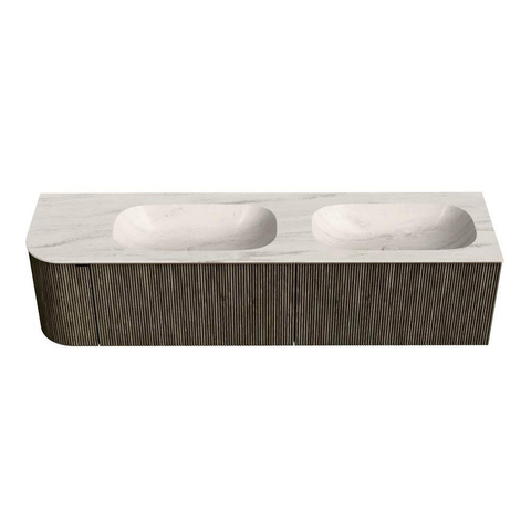 MONDIAZ KURVE-DLUX 175cm meuble de salle de bains arrondi Gauche couleur Shadow avec 2 tiroirs et 1 porte. Lavabo STOR SMALL Double / Droite sans trou de robinet Meli. SW1431852