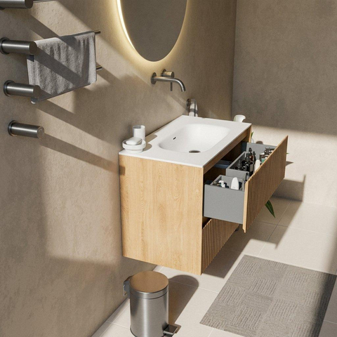 Saniclass Holz Atelier Badkamermeubelset - 80x45x61.5cm - Flow solid surface wastafel wit - 1 wasbak - zonder kraangat - 2 lades - mat eiken natural (hout) SW1478378