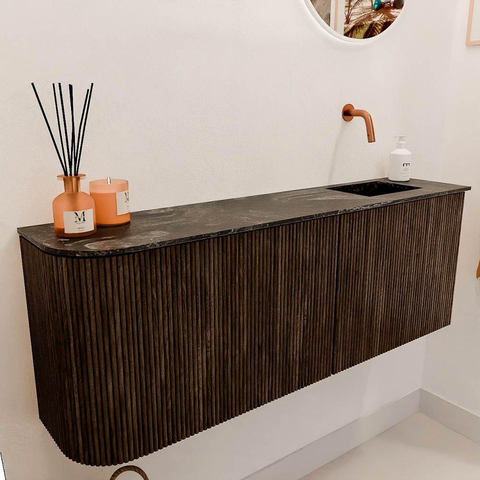 Mondiaz JOYA-DLUX Meuble de salle de bains 111.6cm - arrondi gauche couleur Walnut - Vasque FAYE position Droite Sans trou de robinet couleur Lava SW1422498