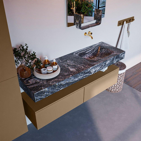Mondiaz ALAN-DLUX Ensemble de meuble - 150cm - meuble Oro mat - 2 tiroirs - Lavabo Cloud Lava suspendu - vasque Droite - 0 trous de robinet SW808588