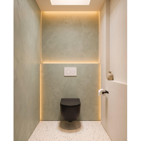 QeramiQ Dely Swirl Ensemble WC - 36.3x51.7cm - Réservoir encastré Geberit UP320 - Abattant de 35mm d'épaisseur - Plaque de commande en métal blanc mat - Boutons ronds - Noir mat SW1138608