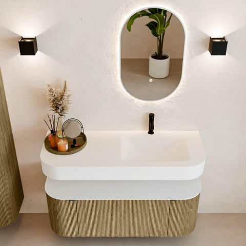 MONDIAZ THOR 120cm badmeubel ronding links + rechts kleur Dusk met 1 lade en 2 deuren. Vrijhangende wastafel CLOUD Rechts 1 kraangat kleur Talc. SW1463229