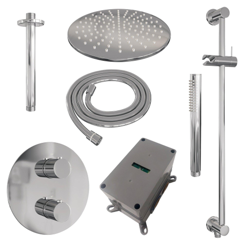 BRAUER Chrome Edition thermostatische Inbouw Regendouche - 3-weg - rond - set 90 - 30cm hoofddouche - plafondarm - staaf handdouche - doucheslang - geïntegreerde glijstang - chroom SW1158991