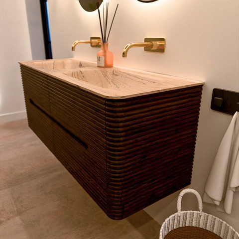 Mondiaz CIRO-DLUX Badkamermeubelset - 130x45x50cm - Solid surface wastafel Arena - 2 wasbak Dubbel - zonder kraangaten - 4 lades - Walnut SW1530430