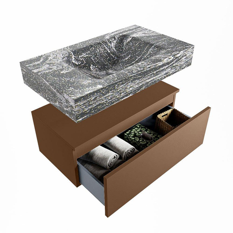 Mondiaz ALAN-DLUX Ensemble de meuble - 80cm - meuble Rust mat - 1 tiroir - Lavabo Cloud Lava suspendu - vasque Centre - 1 trou de robinet SW808231
