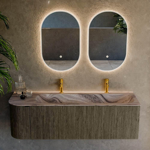 MONDIAZ KURVE-DLUX 145cm badmeubel ronding Links kleur Shadow met 1 lade en 1 deur. Wastafel BIG LARGE Rechts 2 kraangaten Sombra. SW1433783