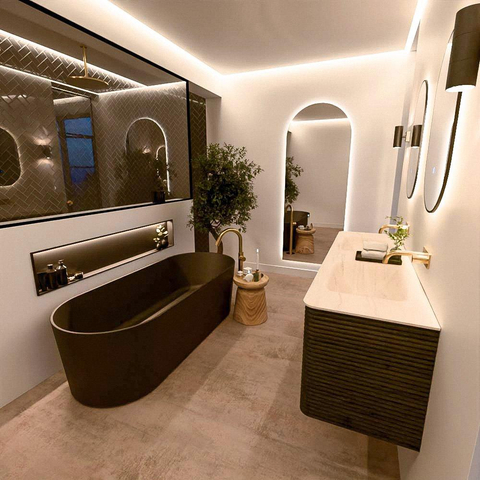 Mondiaz CIRO-DLUX Meuble de salle de bains - 160x45x50cm - lavabo solid surface Meli - 2 vasques Double - sans trous de robinetterie - 4 tiroirs - Shadow SW1532535