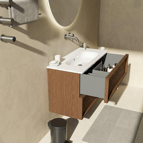 Saniclass Holz Frame Ensemble meuble de salle de bains - 100x45x73.9cm - lavabo en céramique Chaci blanc - 1 vasque - sans trou de robinet - 2 tiroirs - walnut pure mat (bois) SW1580020