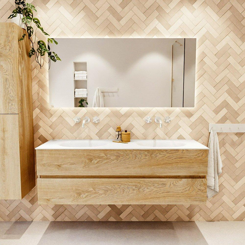 MONDIAZ VICA meuble sous lavabo 150cm Chêne blanchi 2 tiroirs. Lavabo MOON double sans trou de robinet, couleur Talc. SW1381884
