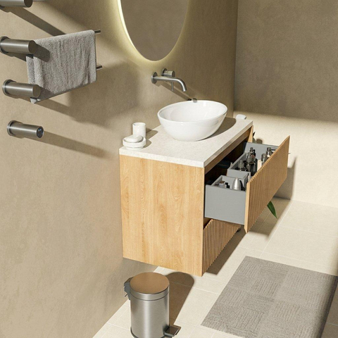Saniclass Holz Atelier Badkamermeubelset - 80x45x63cm - Travertine natuurstenen topblad - zonder kraangat - 2 lades - mat eiken natural (hout) SW1478837