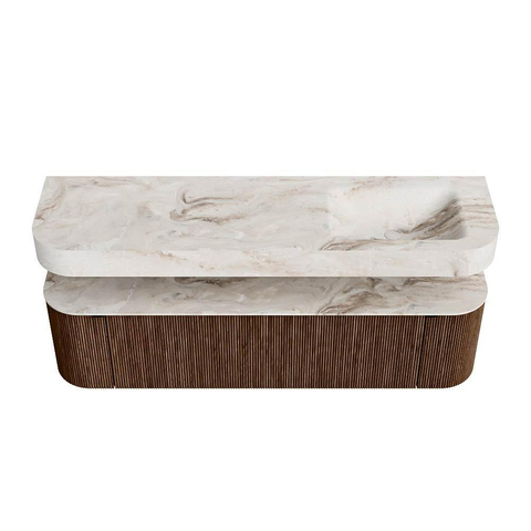 MONDIAZ THOR-DLUX 170cm meuble de salle de bains arrondi gauche + droite couleur Walnut avec 1 tiroir et 2 portes. Vasque suspendue CLOUD Droite sans trou de robinet couleur Frappe. SW1465588