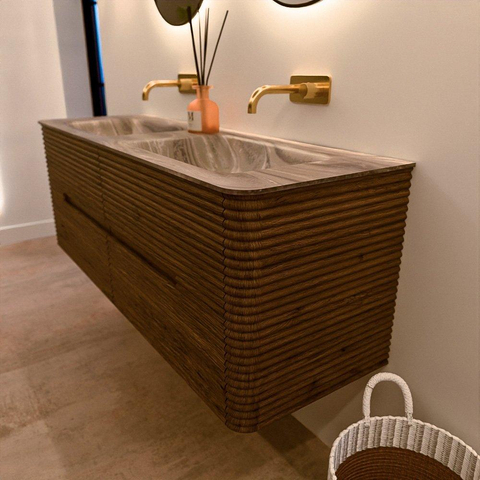 Mondiaz CIRO-DLUX Badkamermeubelset - 140x45x50cm - Solid surface wastafel Sombra - 2 wasbak Dubbel - zonder kraangaten - 4 lades - Dusk SW1533400