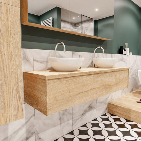 ENSEMBLE DE MEUBLE MONDIAZ LUSH - 150 cm - 1 tiroir - lavabo BARCO - 2 vasques - 2 trous de robinet - chêne blanchi SW409569
