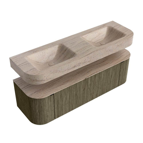 MONDIAZ THOR-DLUX 150cm meuble de salle de bains arrondi gauche + droite couleur Shadow avec 1 tiroir et 2 portes. Vasque suspendue CLOUD Double 2 trous de robinet couleur Saba. SW1464905
