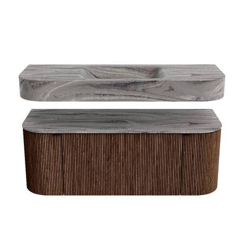 MONDIAZ THOR-DLUX 120cm meuble de salle de bains arrondi gauche + droite couleur Walnut avec 1 tiroir et 2 portes. Vasque suspendue CLOUD Centre sans trou de robinet couleur Sombra. SW1463675