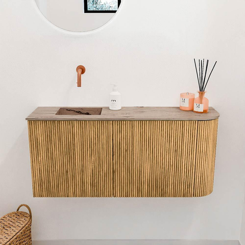 Mondiaz JOYA-DLUX 91.6cm toiletmeubel - ronding rechts kleur Oak - Wastafel FAYE positie Links Zonder kraangat kleur Arena. SW1423903
