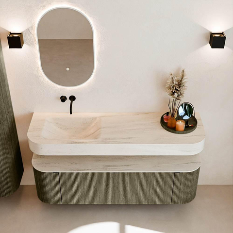 MONDIAZ THOR-DLUX 150cm meuble de salle de bains arrondi gauche + droite couleur Shadow avec 1 tiroir et 2 portes. Vasque suspendue CLOUD Gauche sans trou de robinet couleur Meli. SW1464808