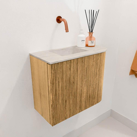 Mondiaz JOYA-DLUX 51.6cm toiletmeubel - ronding rechts kleur Oak - Wastafel FAYE positie Links Zonder kraangat kleur Ostra. SW1422285