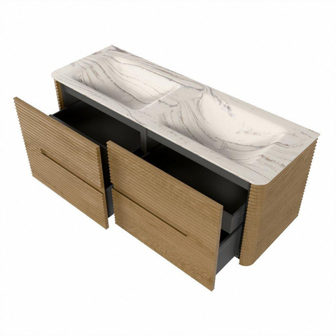 Mondiaz CIRO-DLUX Badkamermeubelset - 130x45x50cm - Solid surface wastafel Nata - 2 wasbak Dubbel - zonder kraangaten - 4 lades - Oak SW1531468