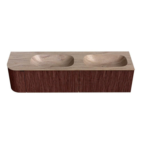 MONDIAZ KURVE-DLUX 175cm meuble de salle de bains avec arrondi à gauche couleur Ruby avec 2 tiroirs et 1 porte. Lavabo STOR SMALL Double / Droite 2 trous de robinet Saba. SW1433519
