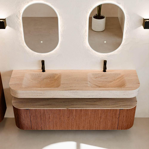 MONDIAZ THOR-DLUX Meuble de salle de bains 170cm arrondi gauche + droite couleur Ruby avec 1 tiroir et 2 portes. Vasque suspendue CLOUD Double 2 trous de robinet couleur Saba. SW1465828