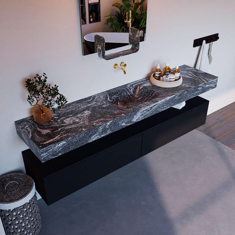 Mondiaz ALAN-DLUX Ensemble de meuble - 200cm - meuble Urban mat - 2 tiroirs - Lavabo Cloud Lava suspendu - vasque Centre - 0 trous de robinet SW807936