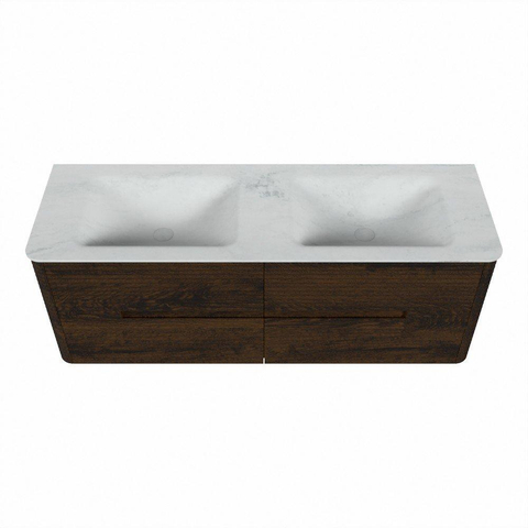 Mondiaz CIRO-DLUX Badkamermeubelset - 140x45x50cm - Solid surface wastafel Opalo - 2 wasbak Dubbel - 2 kraangaten - 4 lades - Walnut SW1530308