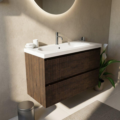 Saniclass Holz Atelier Ensemble de meubles de salle de bains - 100x45x63.5cm - lavabo en céramique Palermo blanc - 1 vasque - 1 trou de robinetterie - 2 tiroirs - chêne charcoal mat (bois) SW1478611