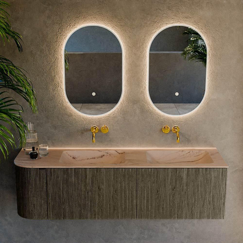 MONDIAZ KURVE-DLUX meuble de salle de bains 155 cm arrondi à gauche couleur Shadow avec 2 tiroirs et 1 porte. Lavabo LEAF Double / à droite sans trou de robinet Arena. SW1431303