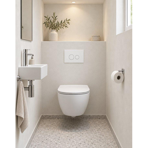 QeramiQ Dely Swirl Compact Toiletset - inbouwreservoir QeramiQ flush - slim zitting - metalen bedieningsplaat mat wit - ronde knoppen - mat wit SW1590653