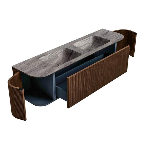MONDIAZ KURVE-DLUX Meuble de salle de bains 170cm arrondi Gauche + Droite couleur Walnut avec 1 tiroir et 2 portes. Lavabo LEAF Double sans trou de robinet Oza. SW1432752