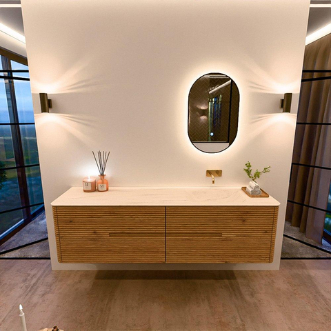 Mondiaz CIRO-DLUX Badkamermeubelset - 180x45x50cm - Solid surface wastafel Meli - 1 wasbak Rechts - zonder kraangaten - 4 lades - Oak SW1531417