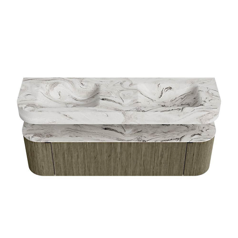 MONDIAZ THOR-DLUX 160cm meuble de salle de bains arrondi gauche + droite couleur Shadow avec 1 tiroir et 2 portes. Vasque suspendue CLOUD Double sans trou de robinet couleur Glace. SW1465219