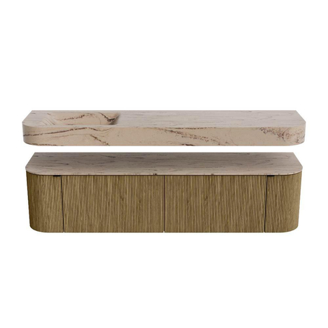 MONDIAZ THOR-DLUX 180cm meuble de salle de bains arrondi gauche + droite couleur Dusk avec 2 tiroirs et 2 portes. Vasque suspendue CLOUD gauche sans trou de robinet couleur Arena. SW1466138