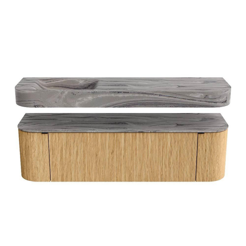 MONDIAZ THOR-DLUX 160cm meuble de salle de bains arrondi gauche + droite couleur Oak avec 1 tiroir et 2 portes. Vasque suspendue CLOUD Gauche sans trou de robinet couleur Sombra. SW1465361